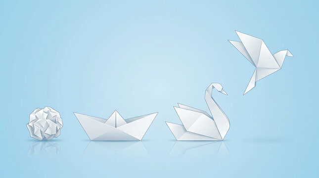 Evolutionary metamorphosis of crumpled paper transforming into a maritime boat then an elegant swan and finally a soaring bird symbolizing leadership success through innovative business change
