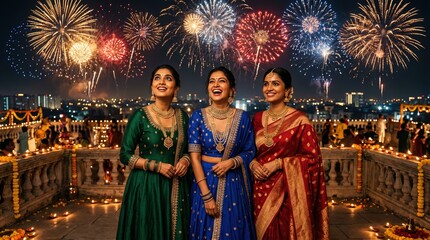 Naklejka premium Three women in traditional Indian attire celebrate Diwali with fireworks