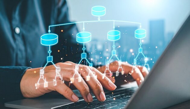 Laptop typing interconnected database cloud data flow