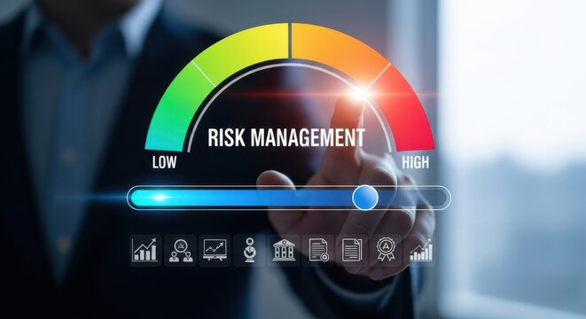 Risk management gauge showing low to high levels with business icons on a dark professional background
