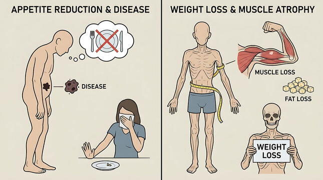 Medical illustration of cancer cachexia showing severe weight loss, muscle atrophy, and appetite reduction in a human body due to chronic disease and metabolic muscular dystrophy syndrome.