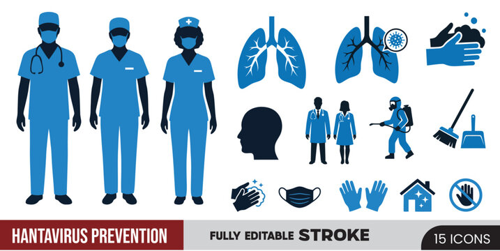 15 Hantavirus Prevention Medical Icons Set, Respiratory Disease Infection Control and Healthcare Vector Graphics, Doctor Nurse Lung Anatomy and Disinfection Disinfectant Symbols on White Background