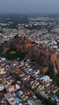 Vertical Aerial View of Rockfort Temple and Tiruchirappalli City Tamil Nadu India
