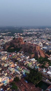 Vertical Aerial View of Rockfort Temple and Tiruchirappalli City Tamil Nadu India