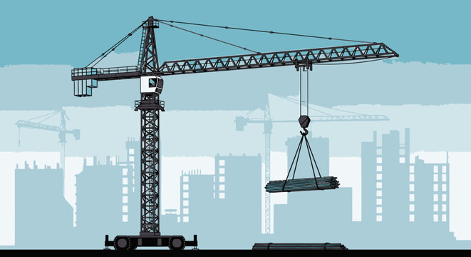 Construction crane lifting heavy object against city silhouette background