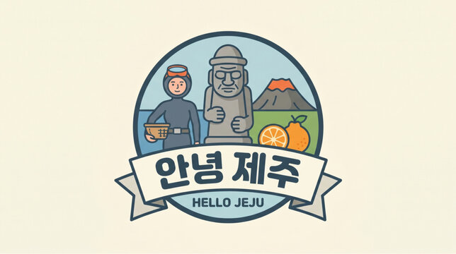 Jeju Island South Korea Travel Illustration Logo with Dol Hareubang, Haenyeo, Hallasan Mountain, and Mandarin Orange.
