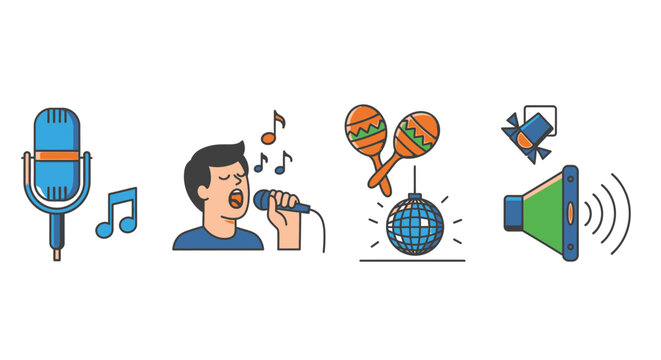 Music icons set microphone singer instruments and sound elements