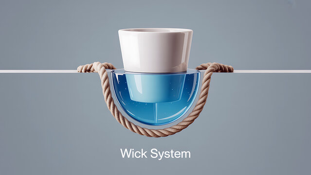 A wick system sustains a reservoir of liquid in a white container wrapped with rope.