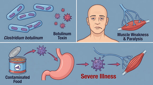 Microscopic view of Clostridium botulinum bacteria cells causing severe botulism illness through neurotoxin production leading to muscle paralysis and weakness from contaminated food sources.