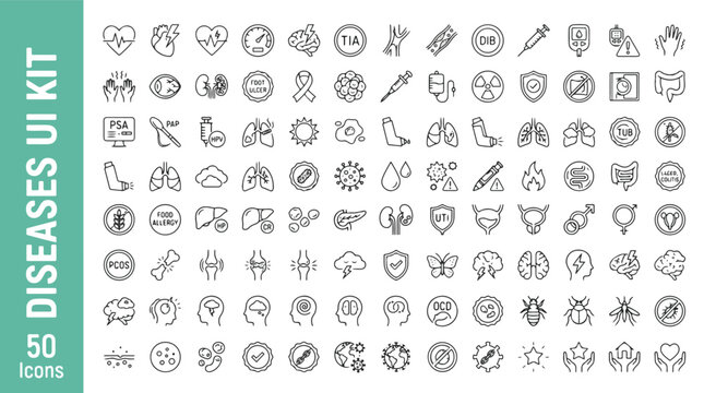 Diseases and healthcare line icon set featuring cardiology, neurology, cancer, diabetes, asthma, stroke, mental health, and respiratory symbols. Professional vector medical outline UI kit design.