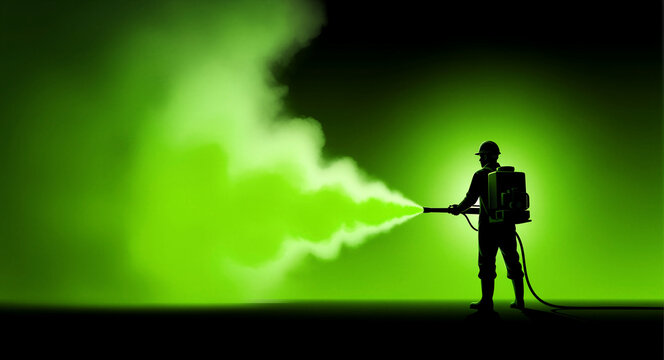 Silhouette of worker using backpack sprayer to emit glowing green gas. Specialist performing industrial fumigation or pest control. Toxic waste or disinfection concept, ideal for safety marketing.