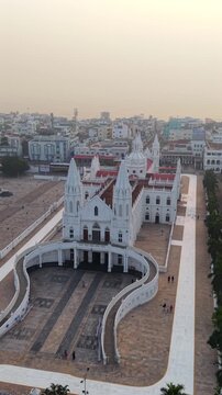 Vertical Aerial View of Basilica of Our Lady of Good Health Velankanni Tamil Nadu India