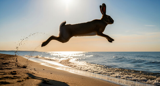 A brown hare jumps high over a sandy beach at sunset. The wild rabbit is captured mid-air with sand splashing behind it near the ocean waves. Nature energy concept, ideal for wildlife marketing.