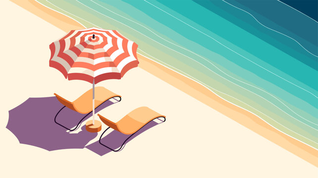 A tranquil beach scene with two empty lounge chairs and a striped umbrella casting shadows on the sand, overlooking the gentle waves of the ocean.