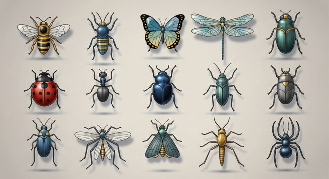 Collection of Various Insects and Bugs Detailed Illustration.