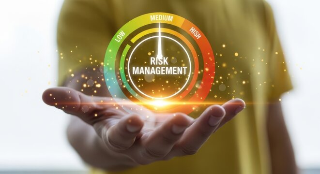 A business person holding a digital risk management gauge with levels indicating high and low financial security in a professional office environment
