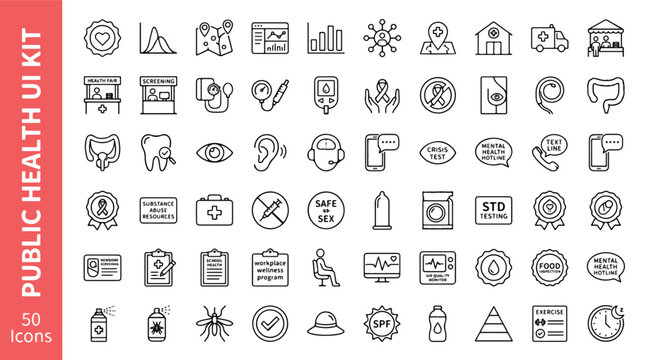 Public Health UI Kit line icon set. Medical screening, mental health hotline, wellness, nutrition, healthcare, exercise, prevention, clinic, hospital, and disease prevention vector symbols.