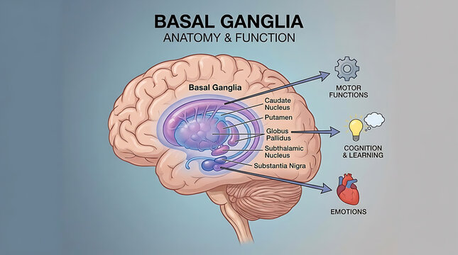 Detailed anatomical visualization of the basal ganglia subcortical nuclei within a human brain illustrating motor control pathways, cognitive processes, emotional regulation, and learning.