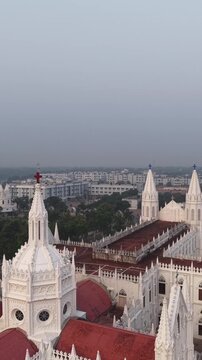 Vertical Aerial View of Basilica of Our Lady of Good Health Velankanni Tamil Nadu India