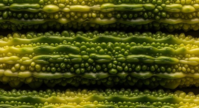 Close-up Macro Texture of Bitter Melon Surface with Bumpy Ridges.