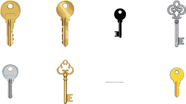 Vector set of various door keys including modern metal house keys, vintage antique skeleton keys, and flat icons isolated on a white background