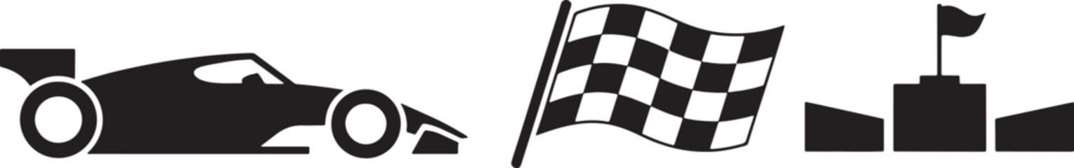 Fototapeta premium Modern racing formula car checkered flag winner podium icons set in solid style on white sports