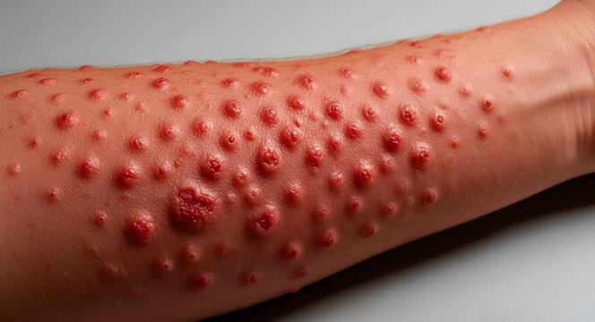Severe skin rash with red pustules on a human arm. Detailed view of inflamed lesions and dermatological infection. Medical healthcare concept for disease awareness and dermatology education.