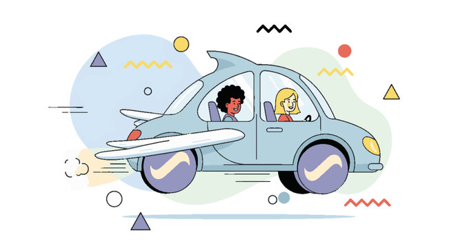 Cartoon car with wings and fins carrying two children, symbolizing imagination and futuristic travel, with abstract shapes.
