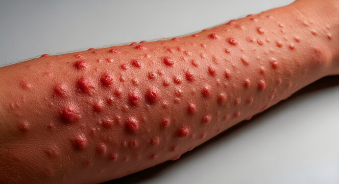 Close-up of a human arm covered in red skin rashes and pustules. The symptoms resemble monkeypox or viral infection. Medical dermatology concept for healthcare and virus awareness campaigns.