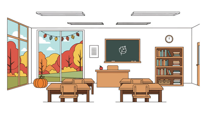 Charming and inviting elementary schoolroom scene during autumn season with colorful foliage viewed through expansive windows and festive decorations creating a warm atmosphere for learning and