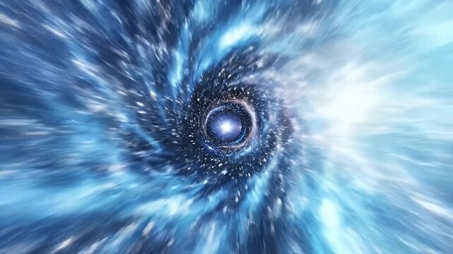 A mesmerizing digital artwork depicts a swirling vortex of cosmic energy, resembling a black hole or wormhole, set against a backdrop of vibrant nebulous clouds and distant stars.