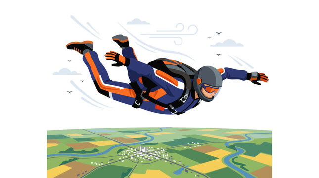 Skydiver in a blue and orange suit freefalling above a landscape.