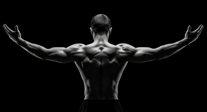 Muscular man with arms outstretched showing back muscles against a black background