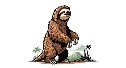 Cute cartoon sloth standing upright with long claws and shaggy fur. © Ki