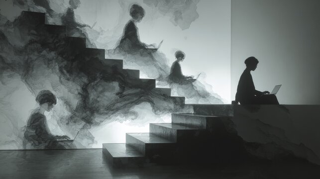 Curved abstract lines with repeated silhouettes of a woman&rsquo;s back and a laptop integrated into monochrome stair-like forms and ink landscape elements with soft gradient diffusion