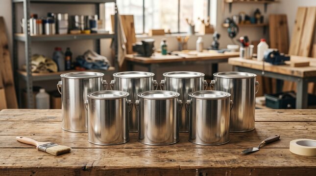 Blank paint cans mockup on workshop table