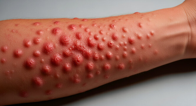 Close-up of a human arm covered in severe red skin lesions and bumps. Symptoms resemble viral infections like mpox or monkeypox. Medical dermatology concept for disease awareness education.