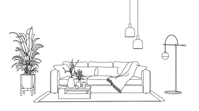 Interior design illustration with sofa plant and lamps drawn in continuous line art style for modern homes decoration.