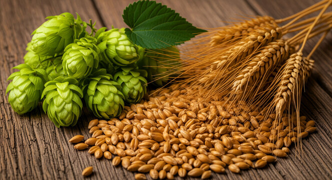 Fresh green hops and wheat stalks on a rustic wooden surface with barley grains. Natural raw ingredients for craft beer brewing. Brewing concept for brewery marketing and menu design.