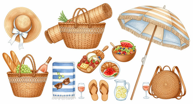 Watercolor summer picnic and beach accessory set on white background. Featuring wicker baskets, sun umbrella, snacks, and drinks for outdoor fun. Leisure theme for travel ads and summer events.