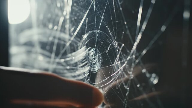 A close-up view showcases a shattered glass surface with intricate crack patterns radiating from a central point, illuminated by a bright light source.