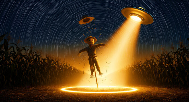 Scarecrow in a cornfield being abducted by a UFO beam at night. Surreal scene features a glowing spacecraft hovering under star trails. Sci-fi conspiracy concept, ideal for mystery marketing.