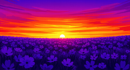 Vibrant sunset over a field of blooming purple flowers. Digital illustration of a colorful meadow under a dramatic orange and violet sky. Peaceful nature landscape concept for artistic backgrounds.