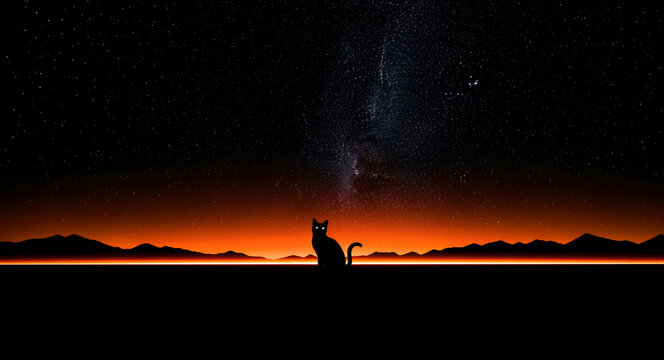 Silhouette of a cat sitting under a vast starry night sky. The Milky Way shines above mountain ranges and an orange horizon glow. Surreal feline landscape concept for creative projects.