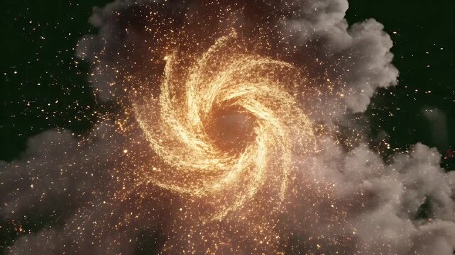 A vibrant explosion of fire and smoke bursts against a dark green background, showcasing a dynamic and powerful visual effect.