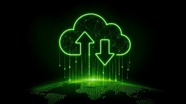 Glowing green cloud computing icon hovering over digital world map symbolizing global sustainable data transfer and network connectivity