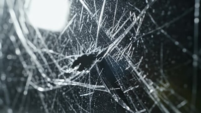A close-up view reveals a shattered glass surface with a prominent crack, reflecting light and creating a complex web of fractured lines.