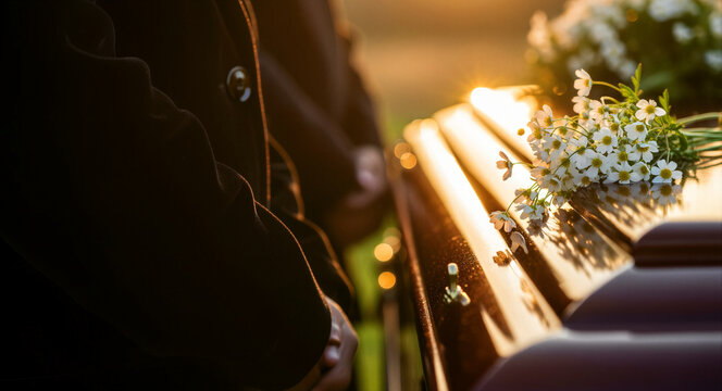 Person in a dark suit standing next to a wooden casket with white flowers. Mourners gathered at an outdoor funeral ceremony during sunset. Concept of grief, loss, and remembrance.