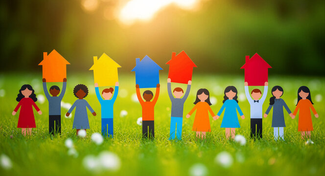 Paper people holding house icons on grass at sunset. Figures represent community unity and affordable housing. Real estate support concept, ideal for mortgage and neighborhood marketing.