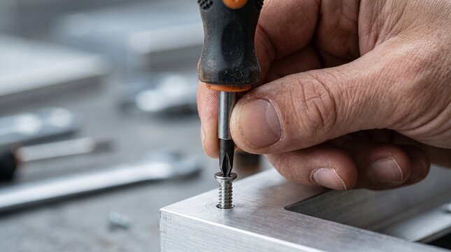 A person's hand meticulously operates a screwdriver to tighten a metal screw into an aluminum profile, showcasing precision and careful assembly during a detailed industrial or DIY project